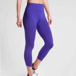 Athleta Velocity Laser Cut Capri Leggings in Paradise Blue (Purple Blue)